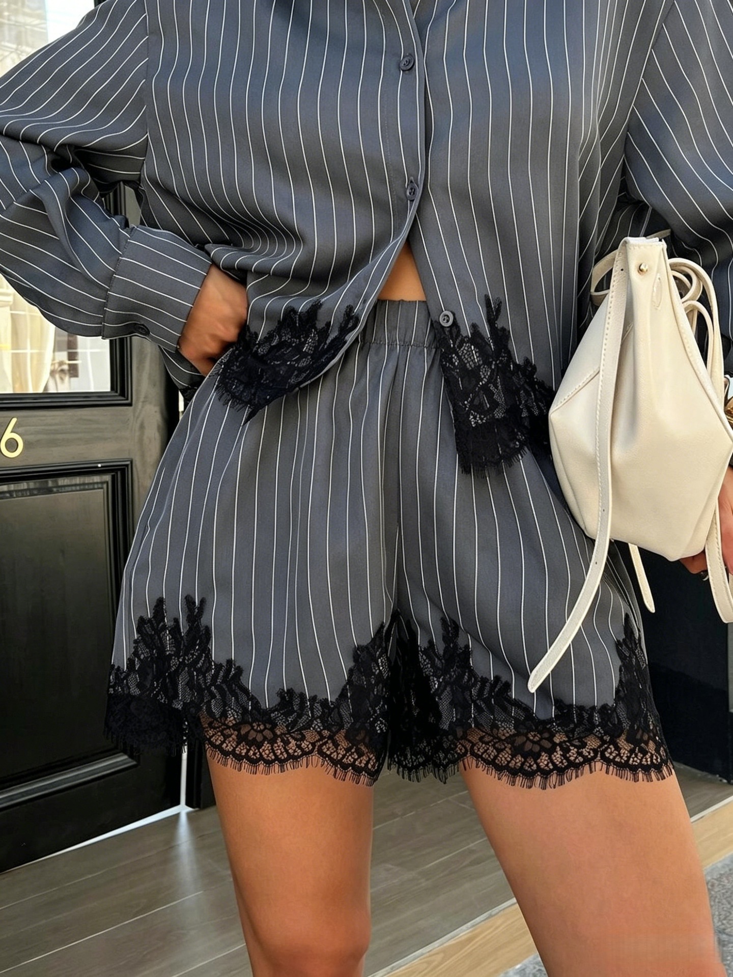 Women's striped lace trim shirt and shorts set – all three colors displayed together