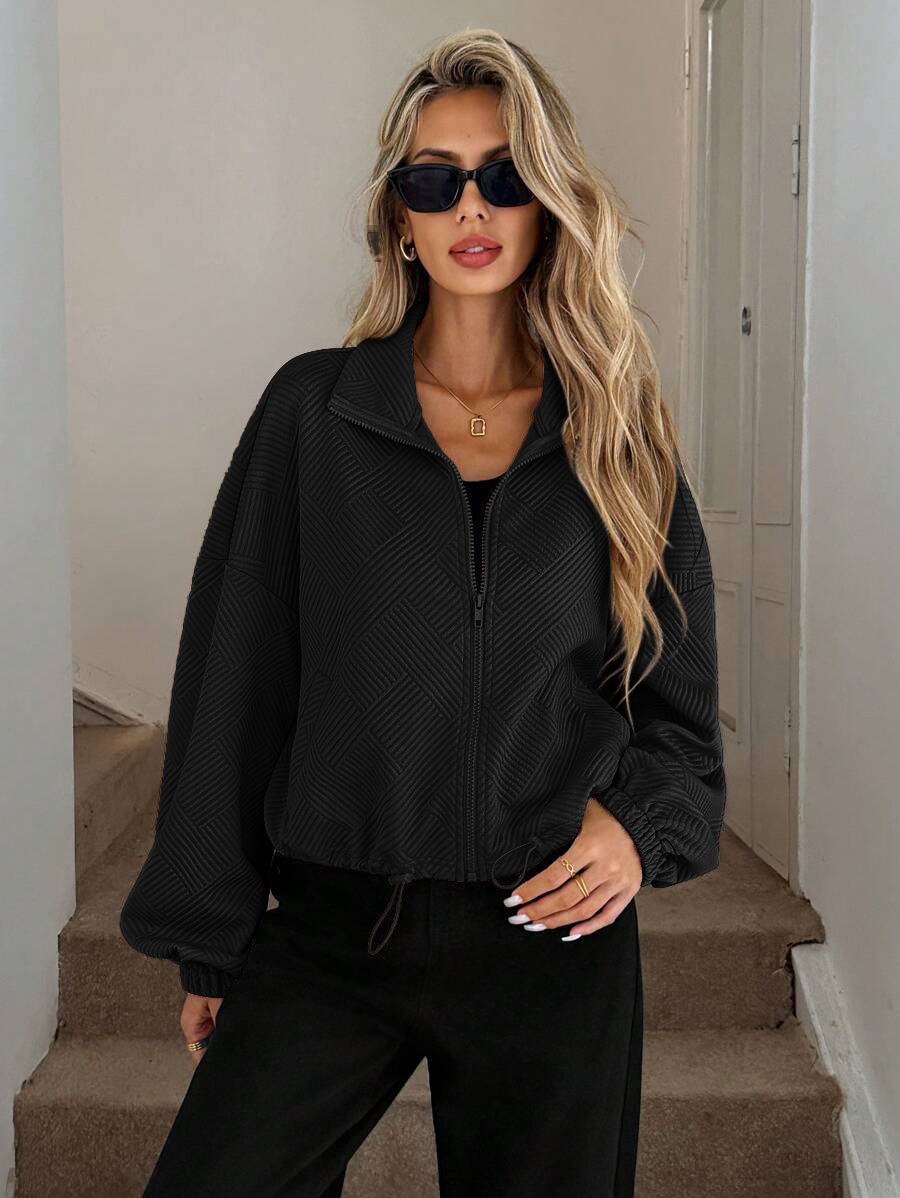 Navy blue oversized jacket – side view showing loose fit and side pocket