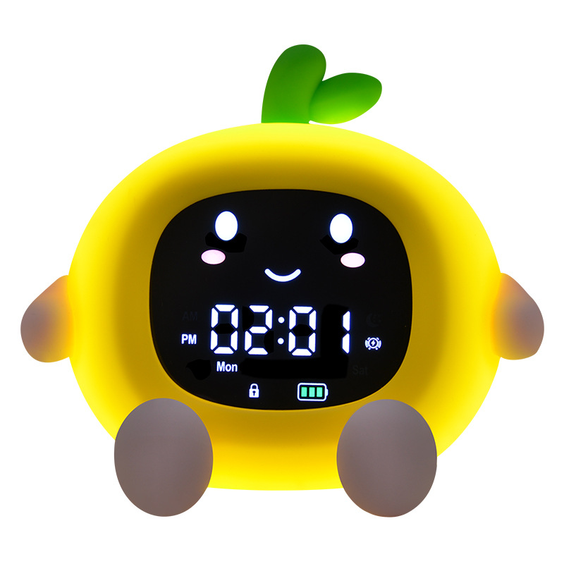 Creative Fruit Alarm Clock Night Light with Original Silicone Phone Holder, Bedside Ambient Lamp