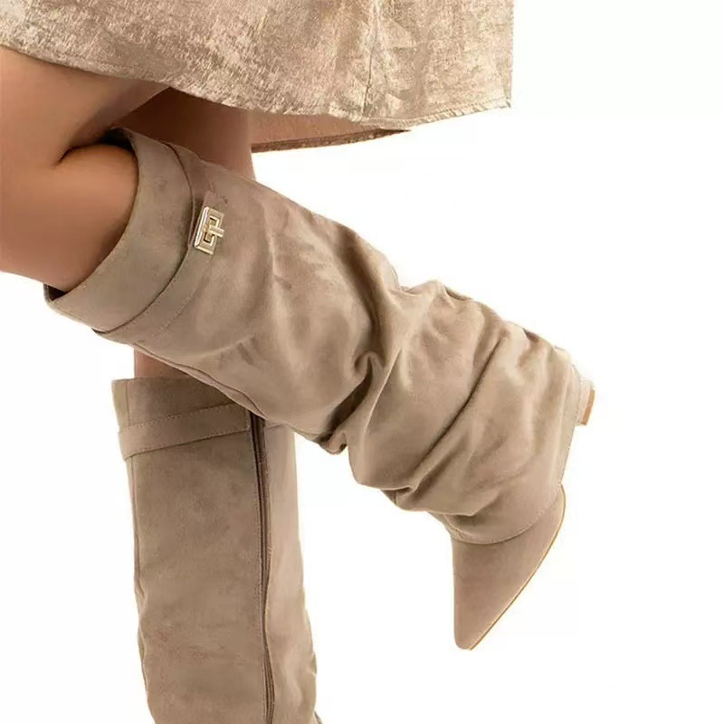 Pointed Toe Straight Tube Pleated Metal Buckle Mid-Calf Boots for Women, Chunky Heel Pipe Boots