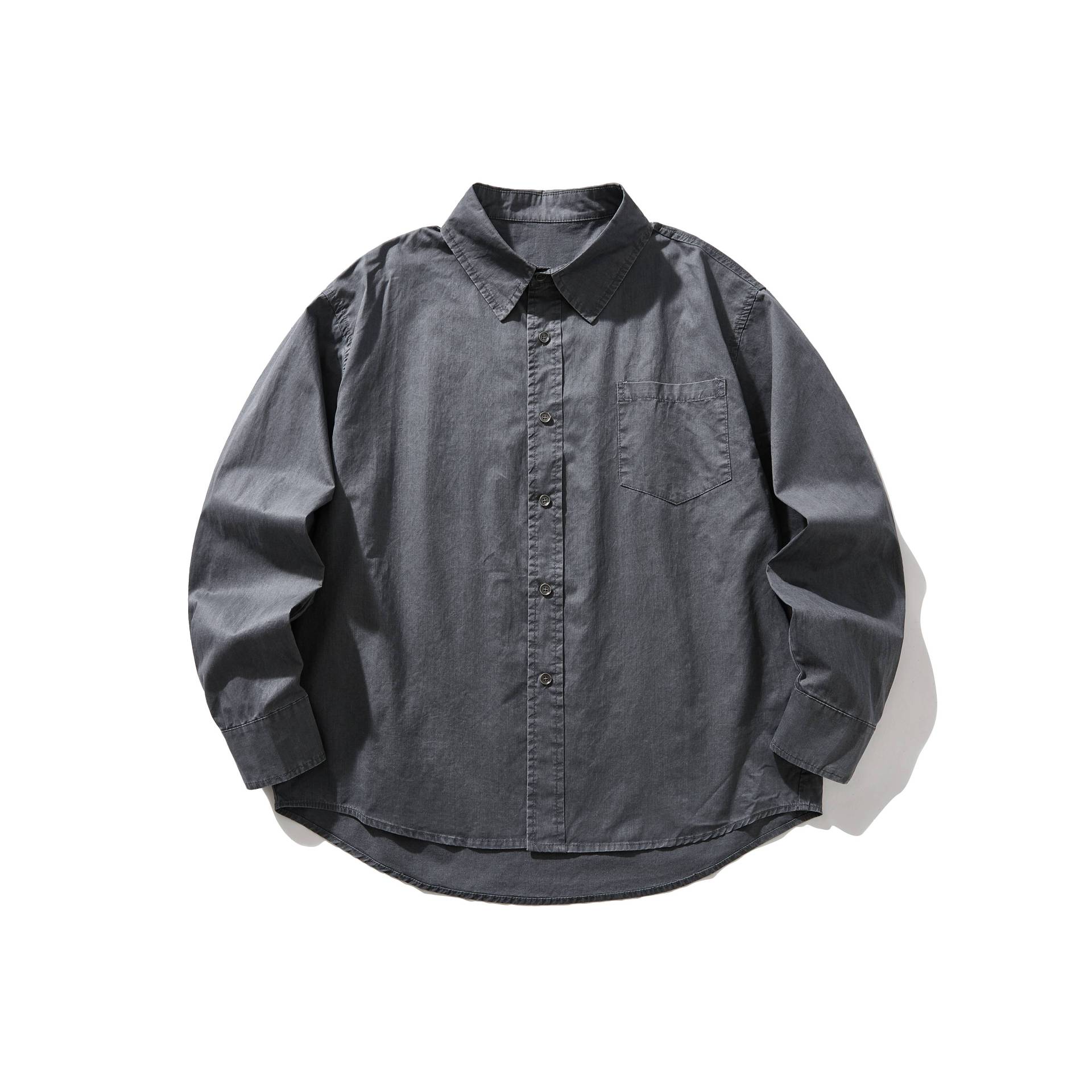 Basic Solid Color Washed Distressed Turn-Down Collar Commuter Long Sleeve Shirt