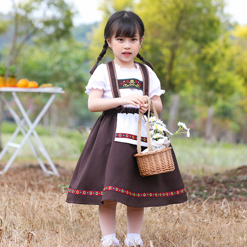 Traditional Ethnic Clothing Baglia Child Cosplay Beer Costume Embroidered Brown Strap Long Dress