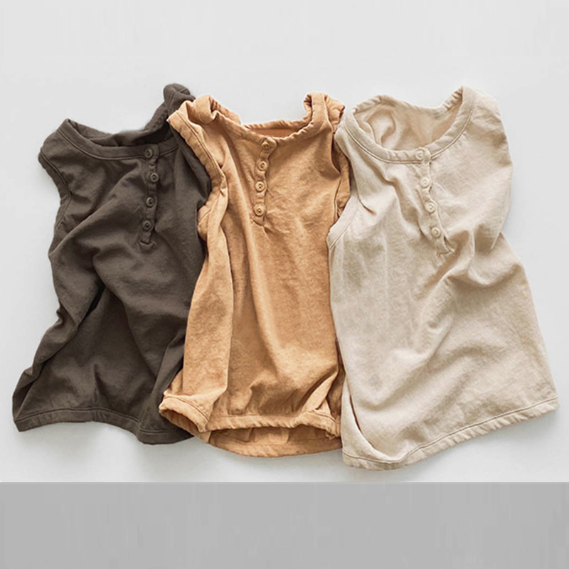 Cotton button sleeveless vest solid color round neck T-shirt