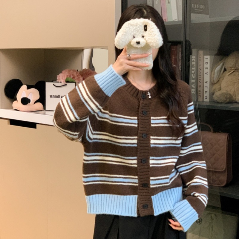Color blocking striped knitted cardigan for women