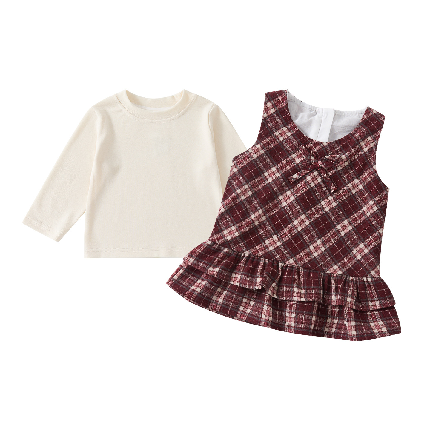 Grid Pattern Ruffled Vest Dress with Long Sleeve Base Layer for Toddlers and Babies