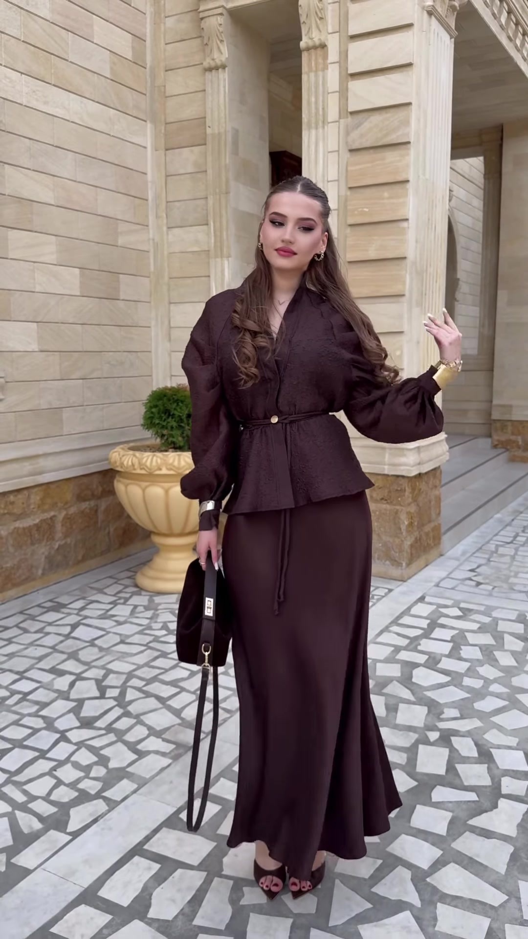 Women's brown skirt set — peplum top and maxi skirt styling