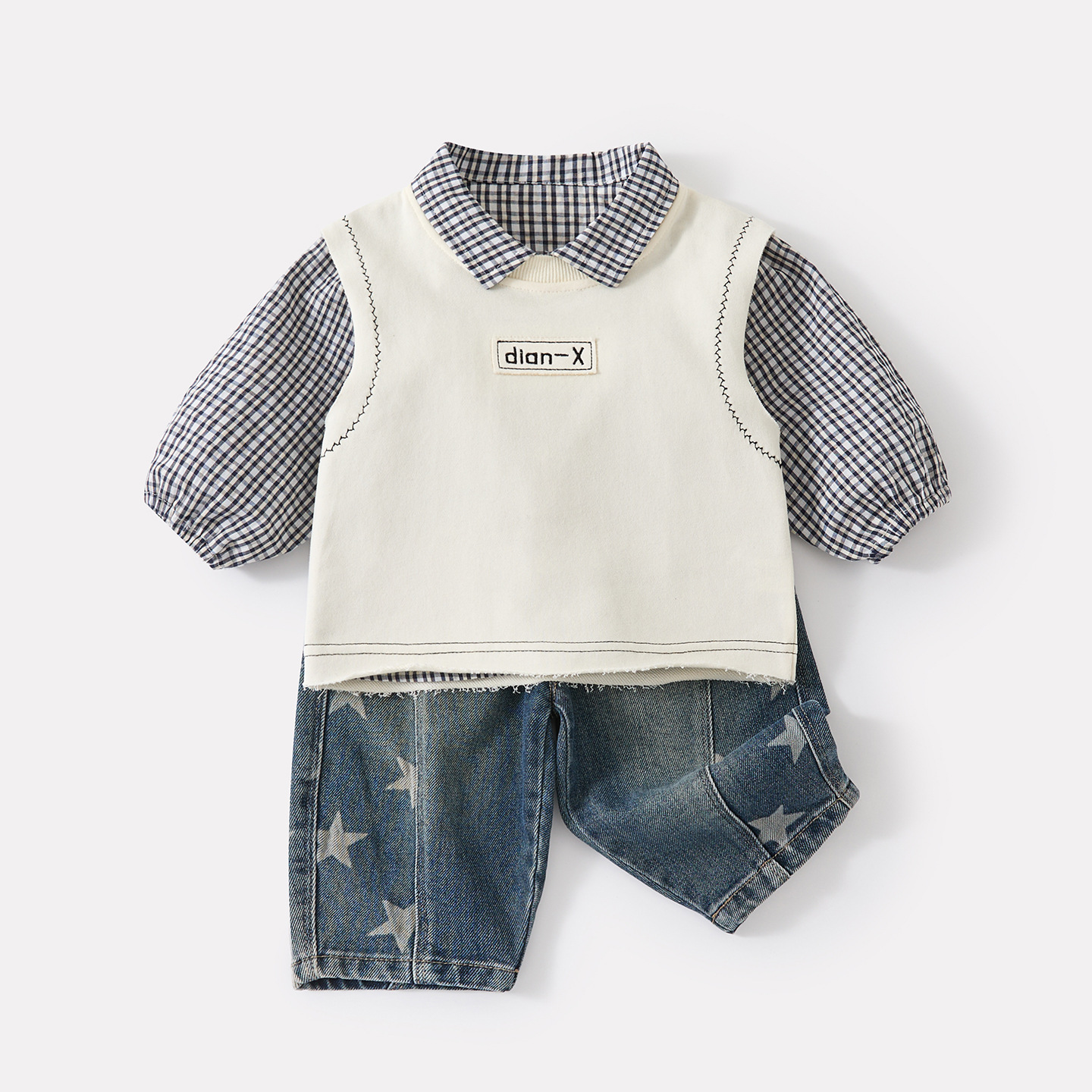 Checkered Shirt Raw Edge Vest Boys Star Denim Pants Three-Piece Set