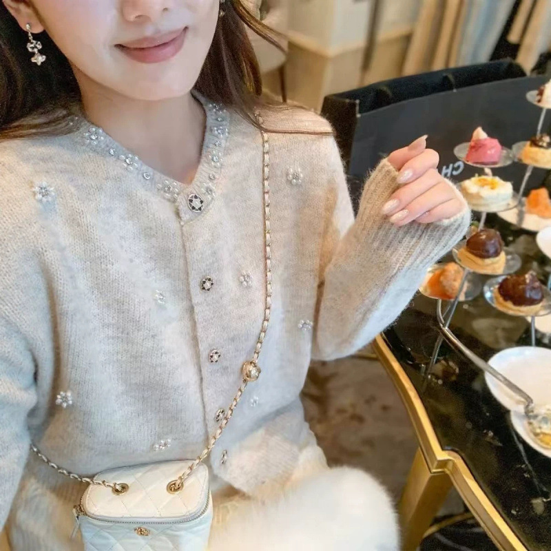 Heavy Beaded Tweed Knit Cardigan Sweet Design Sense Sweater Outerwear