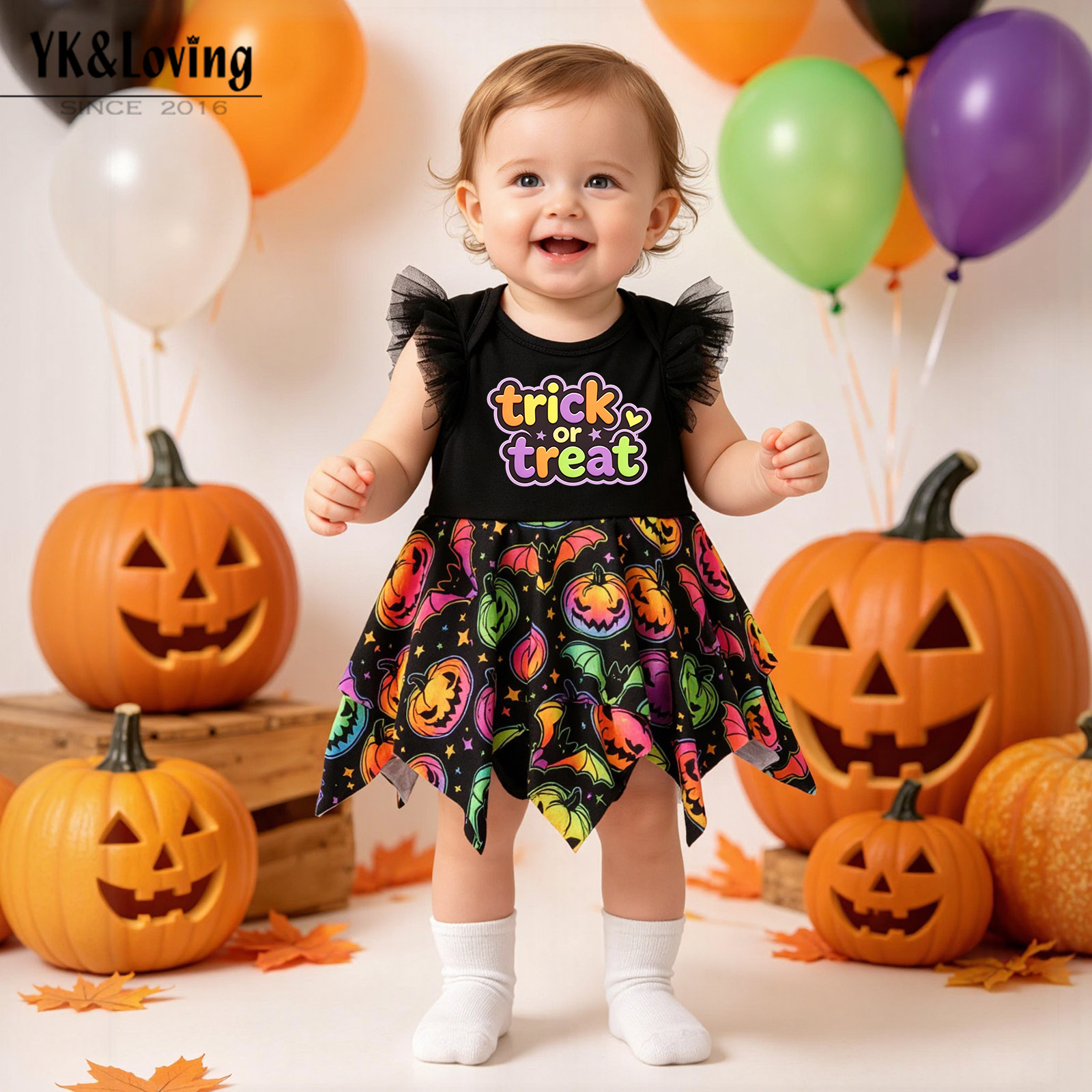 Cute Baby Girl Flutter Sleeve Pumpkin Print Bodysuit Dress Halloween Theme Toddler Festival Photo