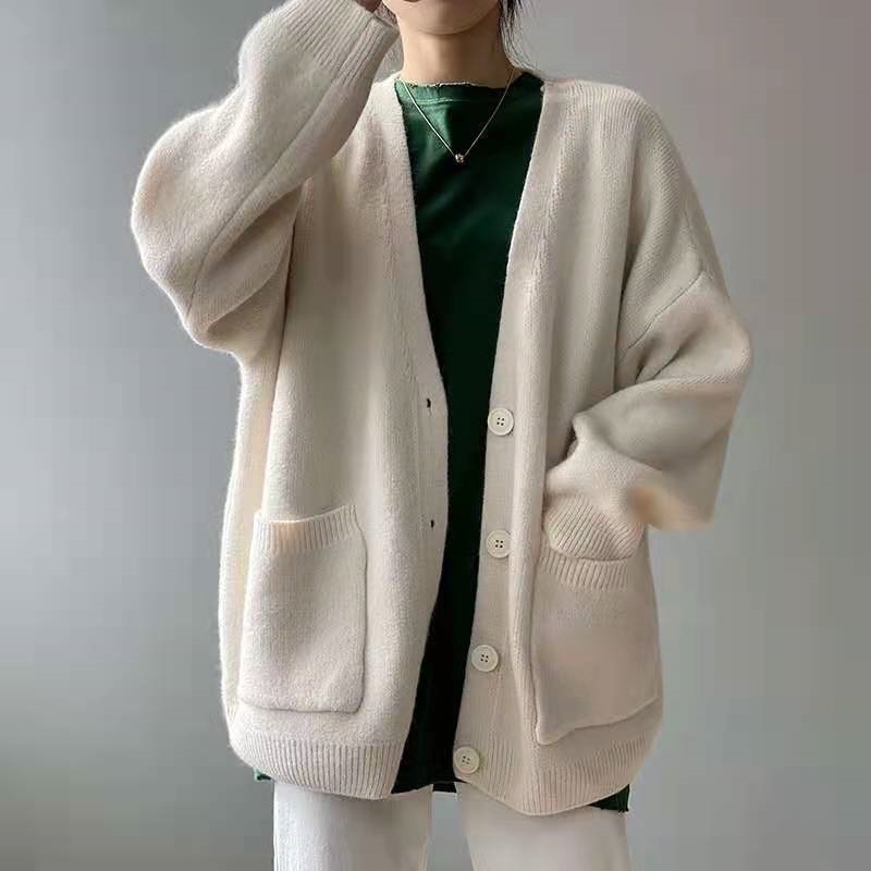 Lazy style solid color knitted cardigan