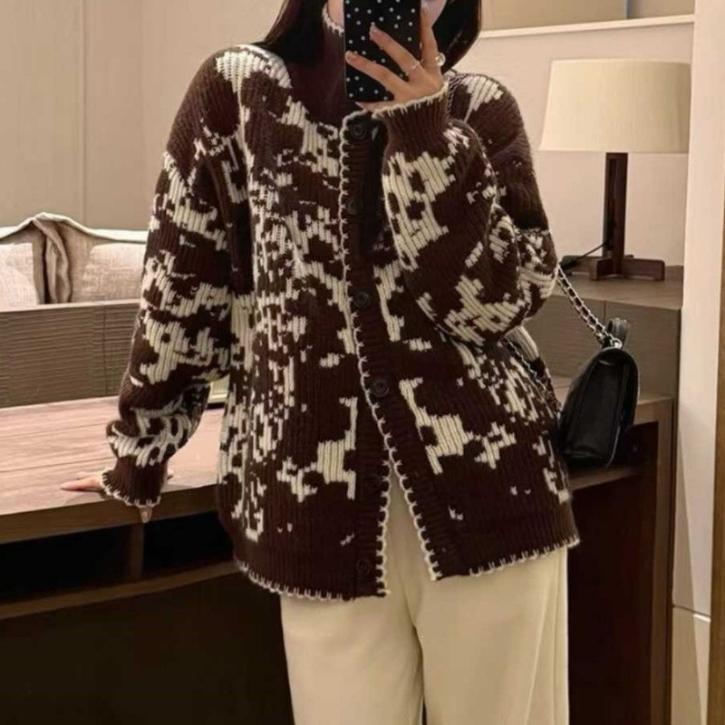 Retro Heavy Embroidered Stand-up Collar Knit Cardigan Loose Lazy Knit Open Front Sweater Coat