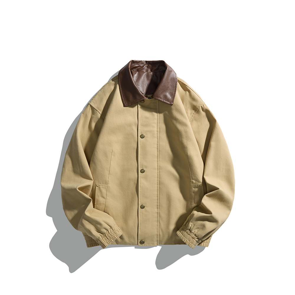 Melange PU Leather Lapel Jacket with Patchwork Workwear Button-Up Coat for Men