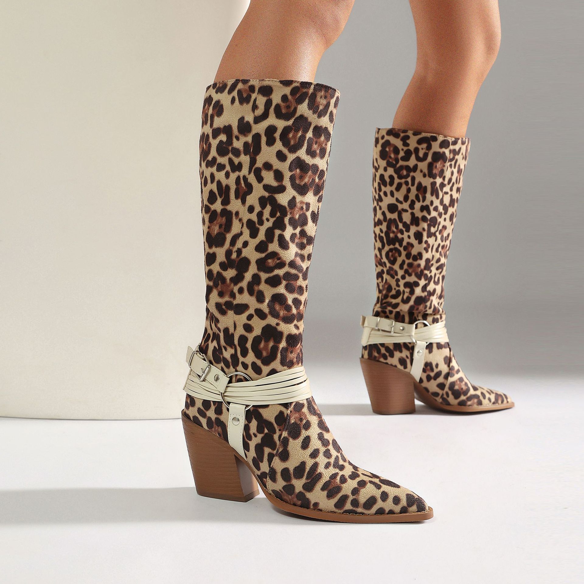 Western Style High Heel Boots for Women, Chunky Heeled, Pointed Toe, Over-the-Knee, Belt Buckle