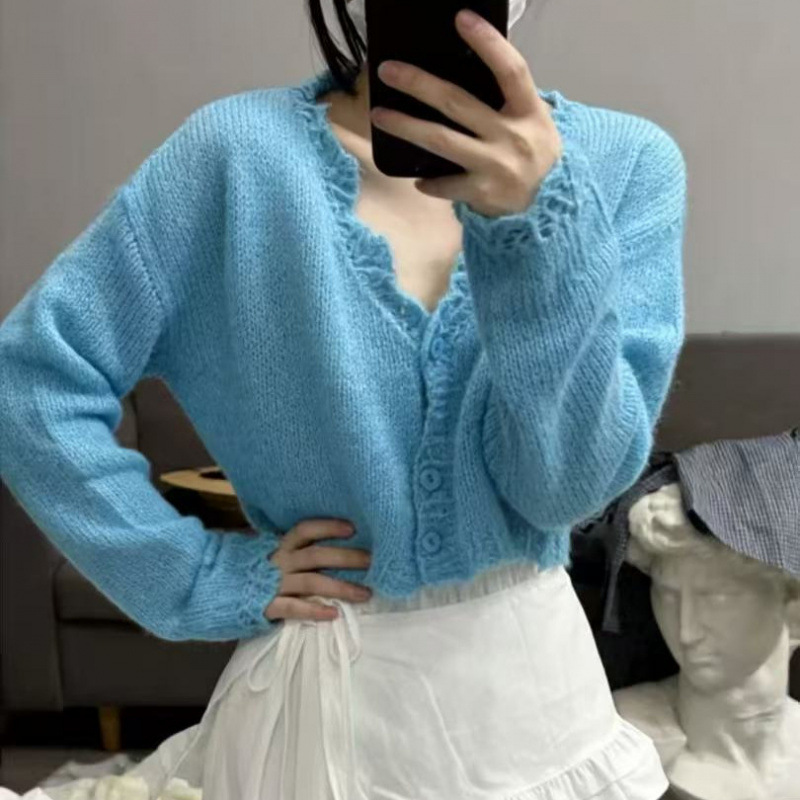 V-Neck Knit Cardigan Elegant Lace Trim Lightweight Sweater Outerwear Top