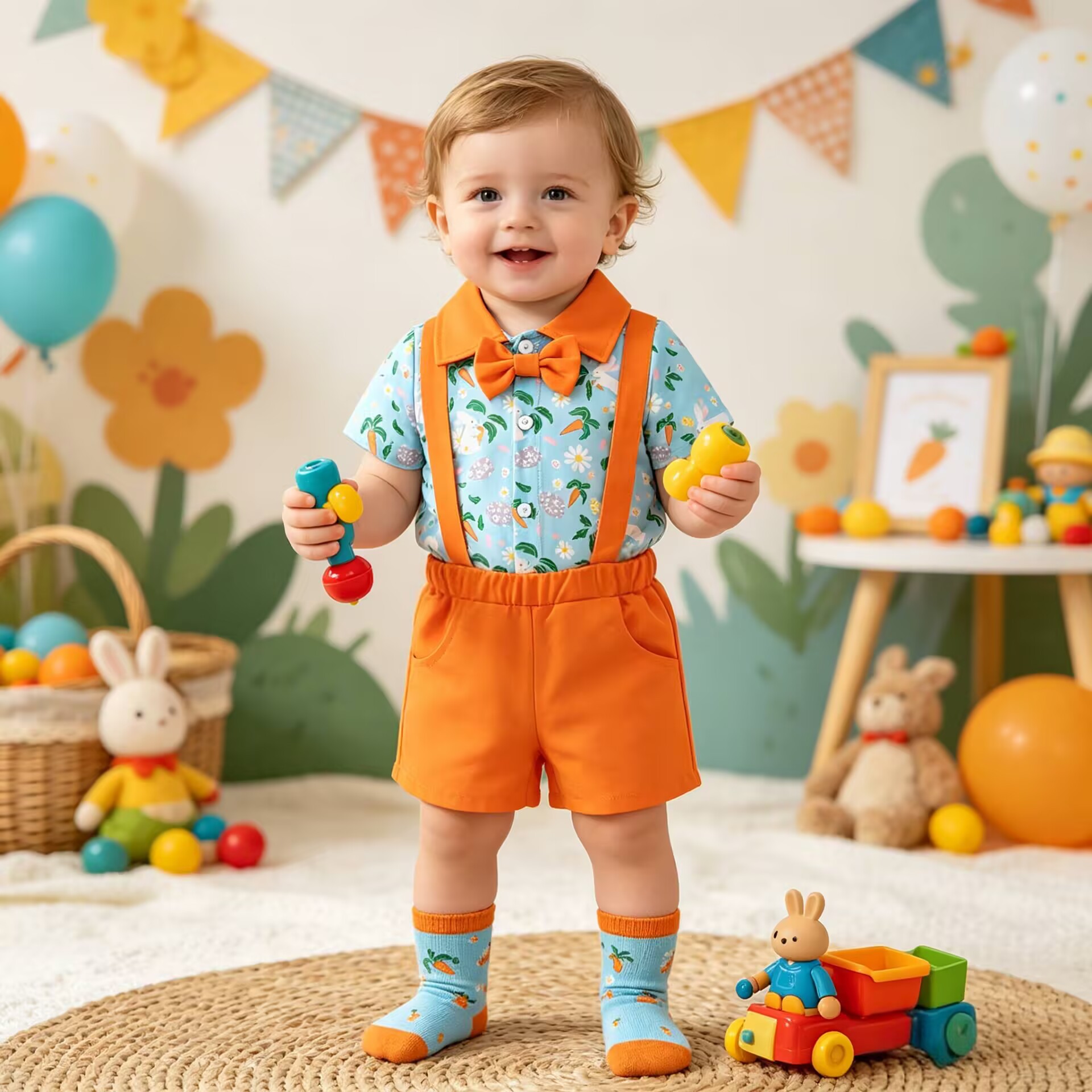 Baby Clothes Summer Lightweight Rabbit All-Over Print Shirt Romper with Overalls Shorts Two-Piece