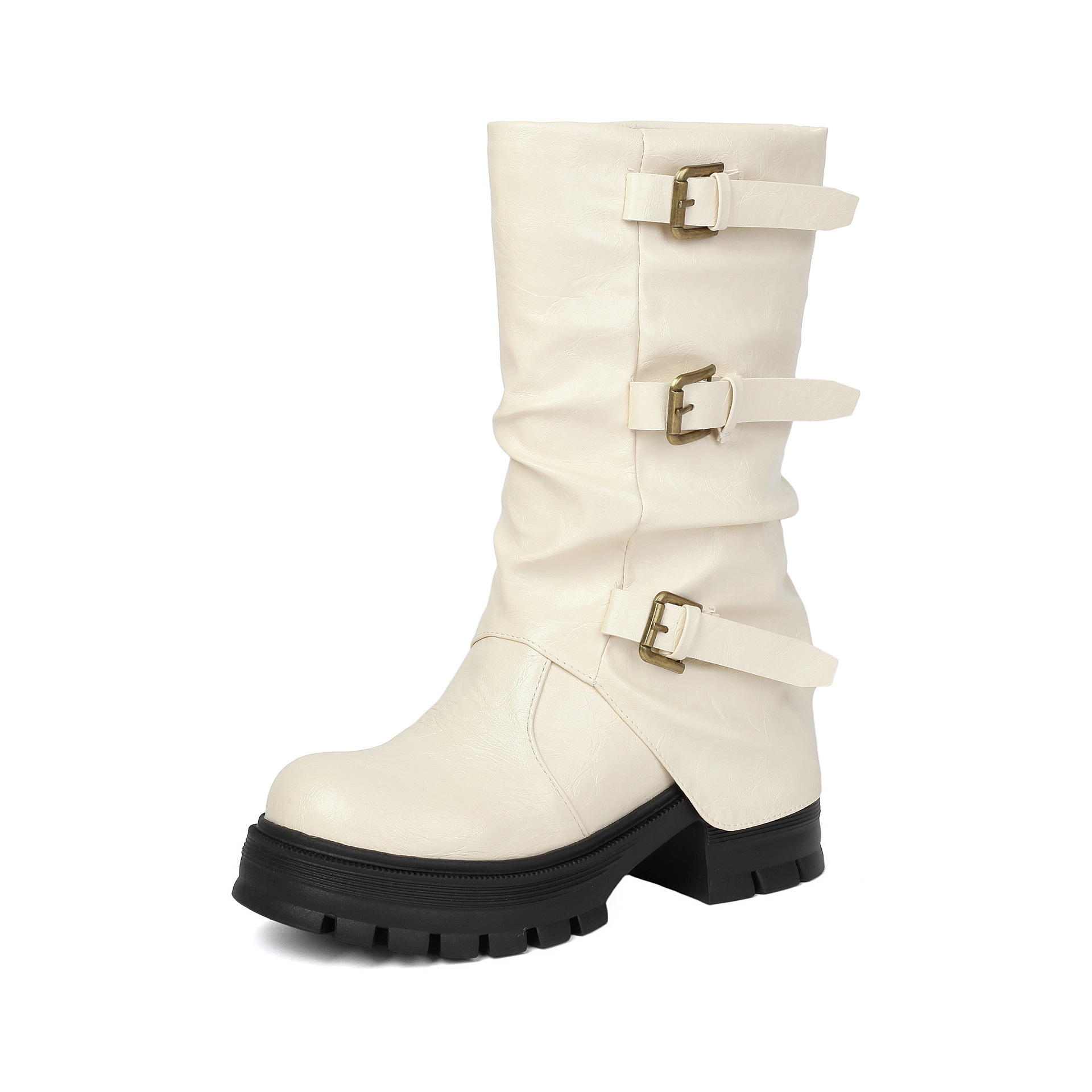 Black distressed moto boots – close-up of antique brass buckle straps and crinkled PU shaft texture