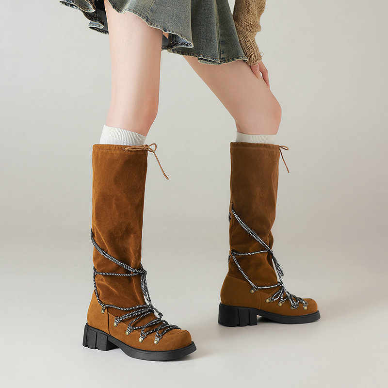 Belted Over-the-Knee Boots for Women, Vintage Thick Sole Square Heel, Slimming High Made to order