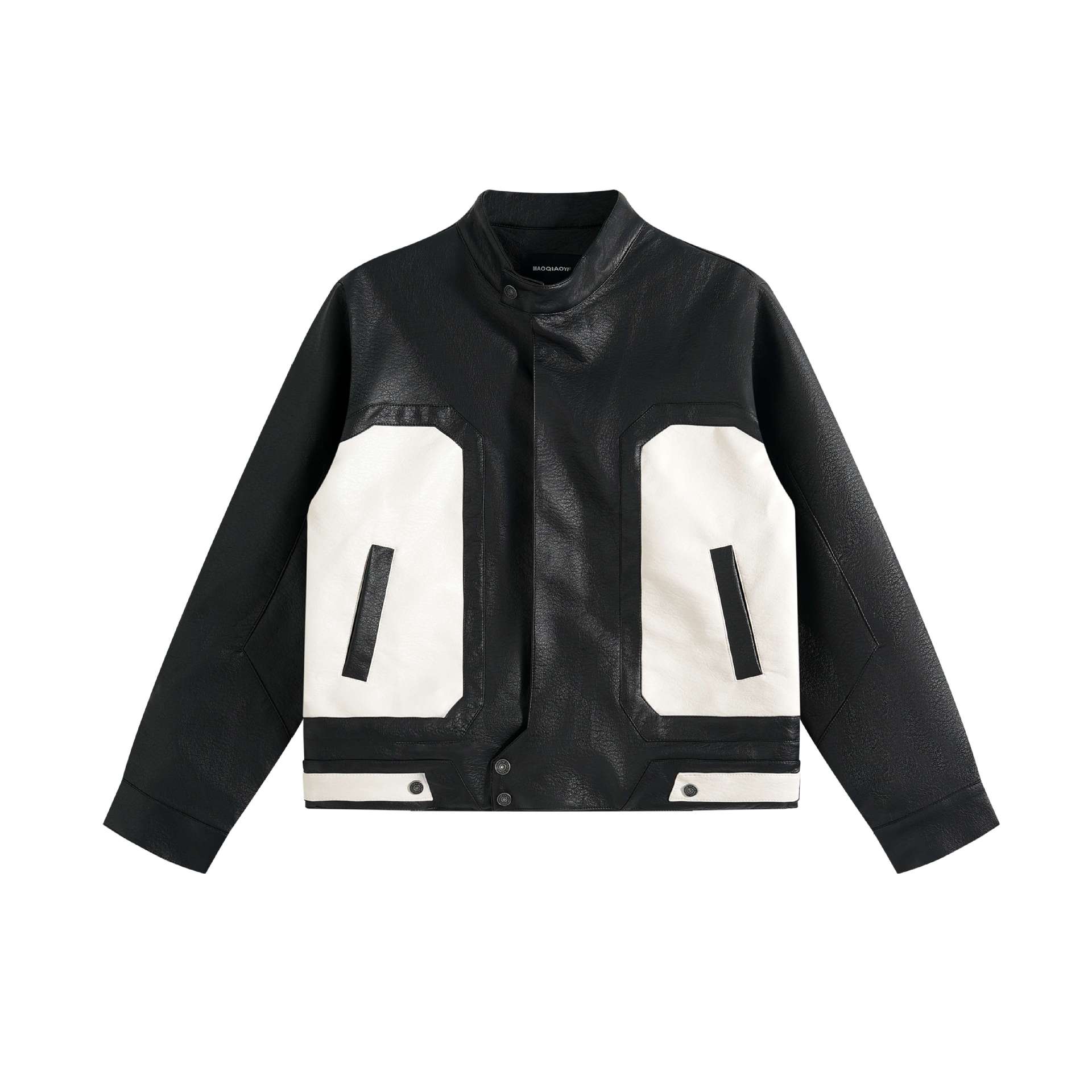 Patchwork PU Leather Jacket Men's Trendy Stand Collar Workwear Casual Jacket