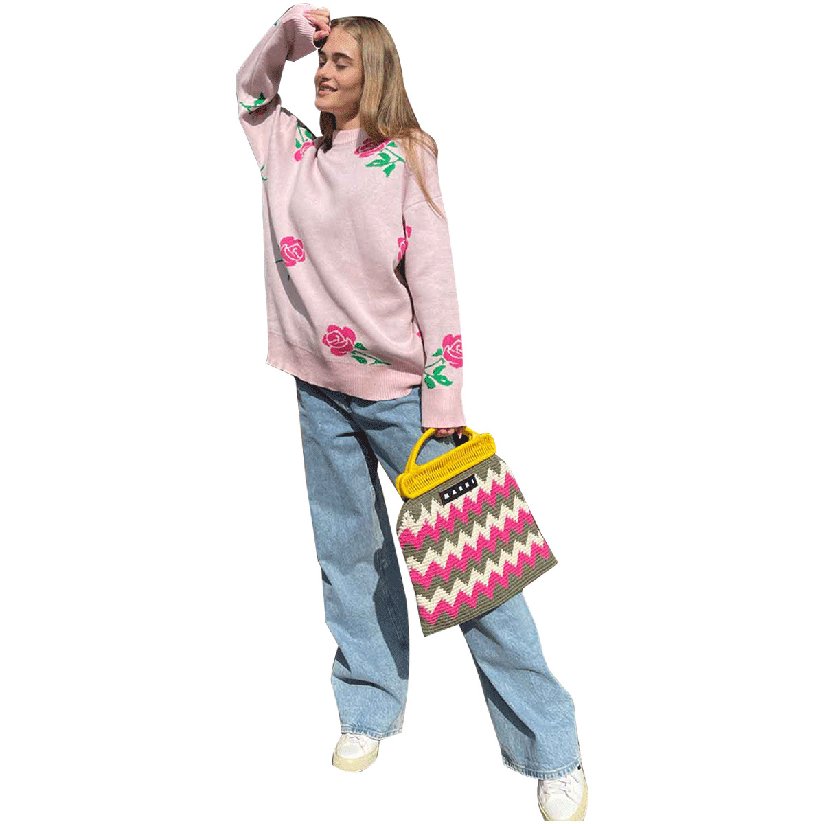 Loose colored rose round neck sweater
