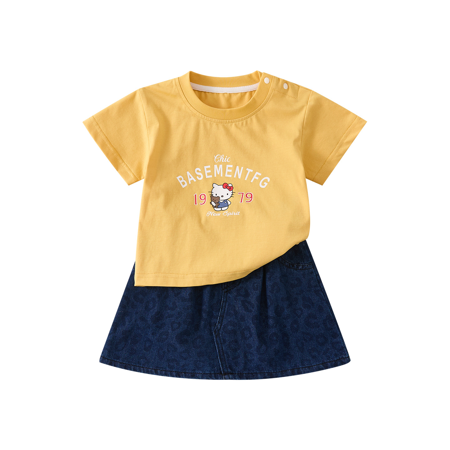 Cute Cartoon Knit Printed Short Sleeve Baby Fashion Leopard Print Denim Skirt for Kids