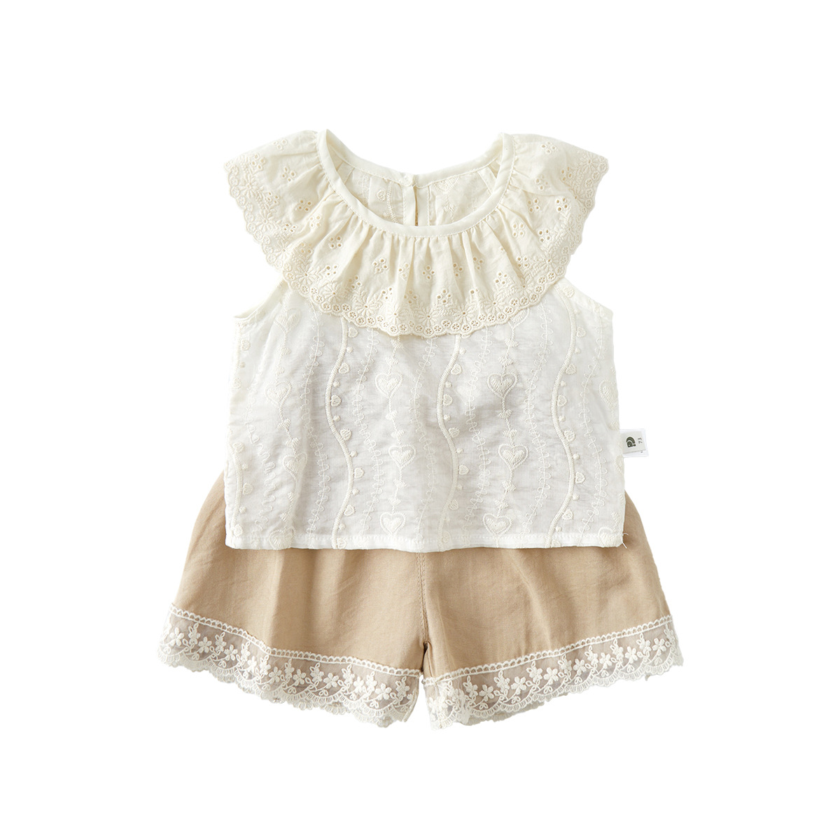 Floral Embroidered Vest Set for Girls, Two-Piece Outfit with Lace Trim Top and Wide-Leg Pants