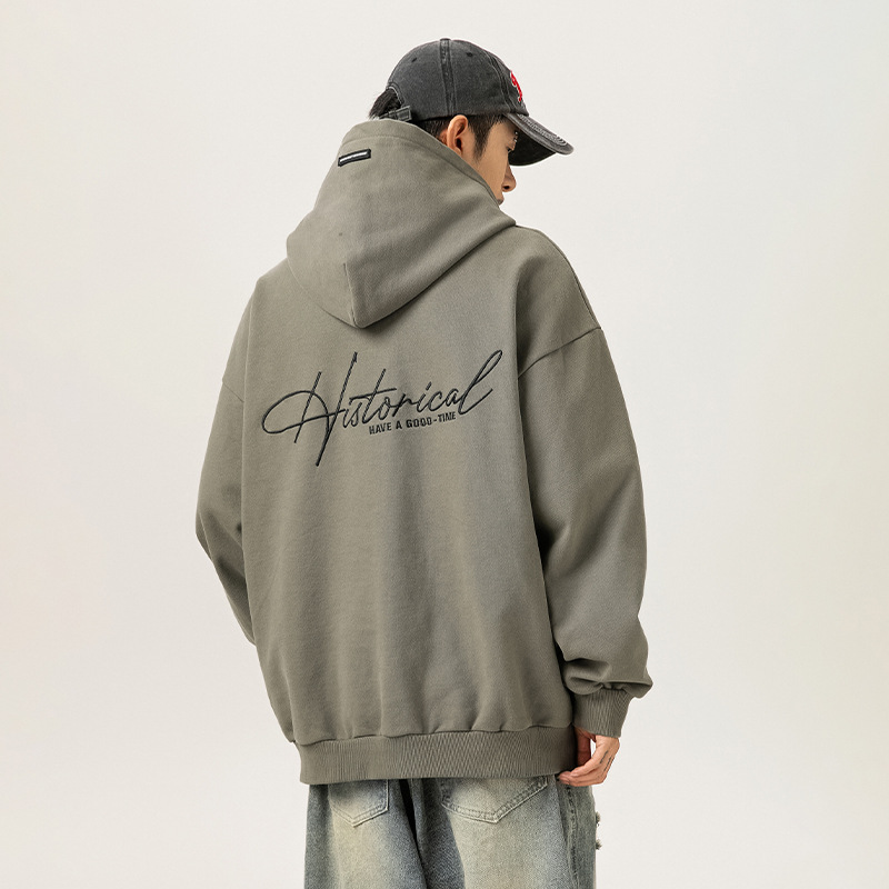 Heavyweight Retro Hoodie Men's Spring High Street Letter Embroidery Casual Hooded Sweatshirt Loose