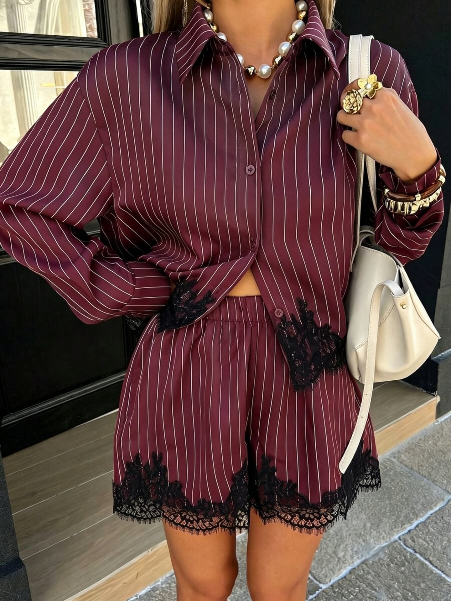 Wine red pinstripe button-down shirt – close-up of collar, buttons, and lace trim detail