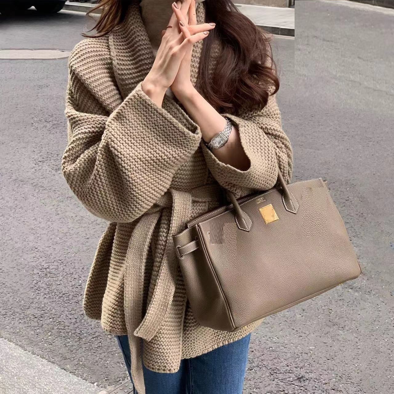 Elegant V-Neck Knit Cardigan Outerwear Autumn Winter Lazy Style Waist-Tied Thick Sweater Top