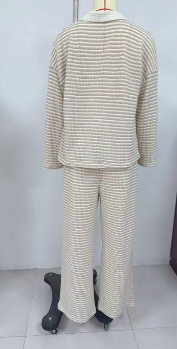 Women's striped wide leg pants set – apricot colorway front view