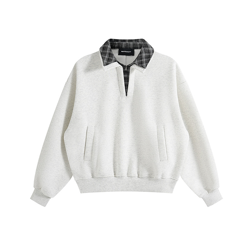 Casual Plaid Turn-Down Collar Mock Two-Piece Hoodie Men's Loose Half-Open Neck Pullover Top