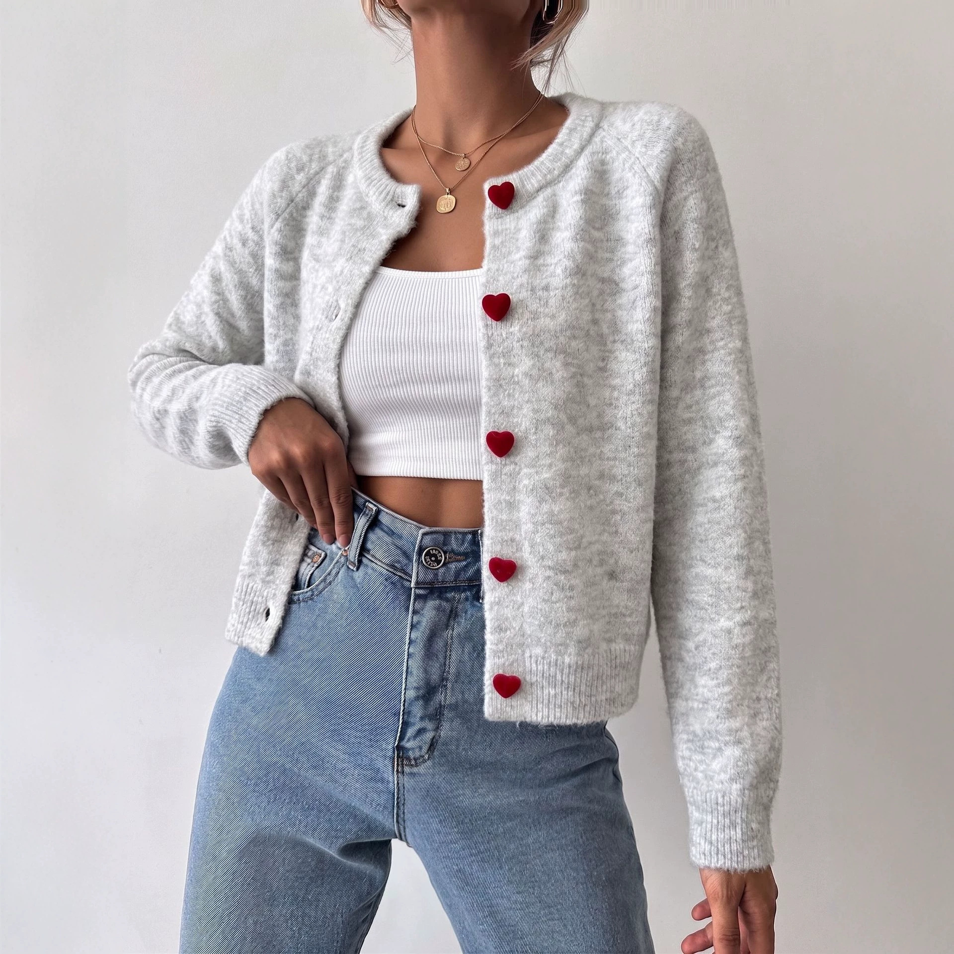 Gray Heart Button Round Neck Sweater for Women, Autumn Winter New Loose High-Quality Lazy Style Soft
