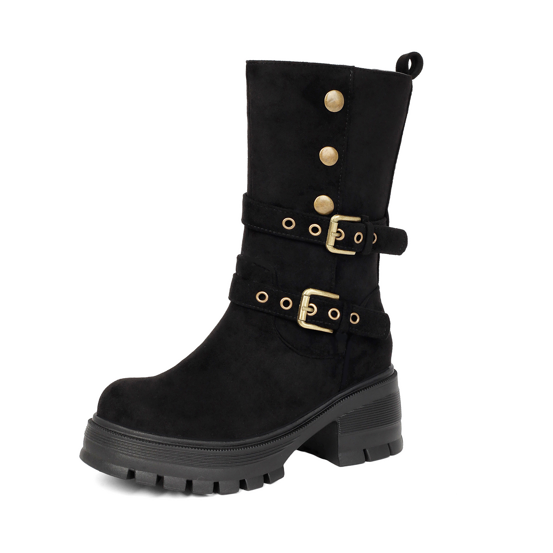 Women's punk boots – side view showing chunky block heel and lug sole platform profile
