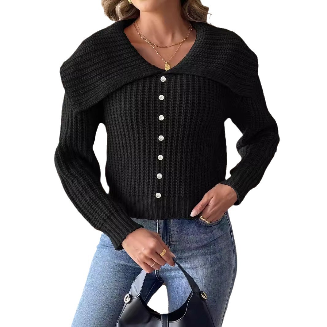 Women's Short Sweater with Pearl Beading, Oversized Lapel Crewneck Knitwear