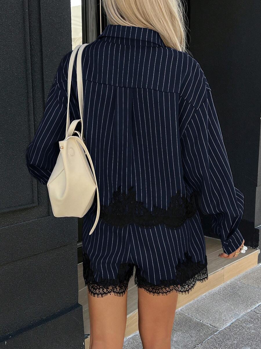 Navy blue striped matching set – lifestyle shot styled with accessories