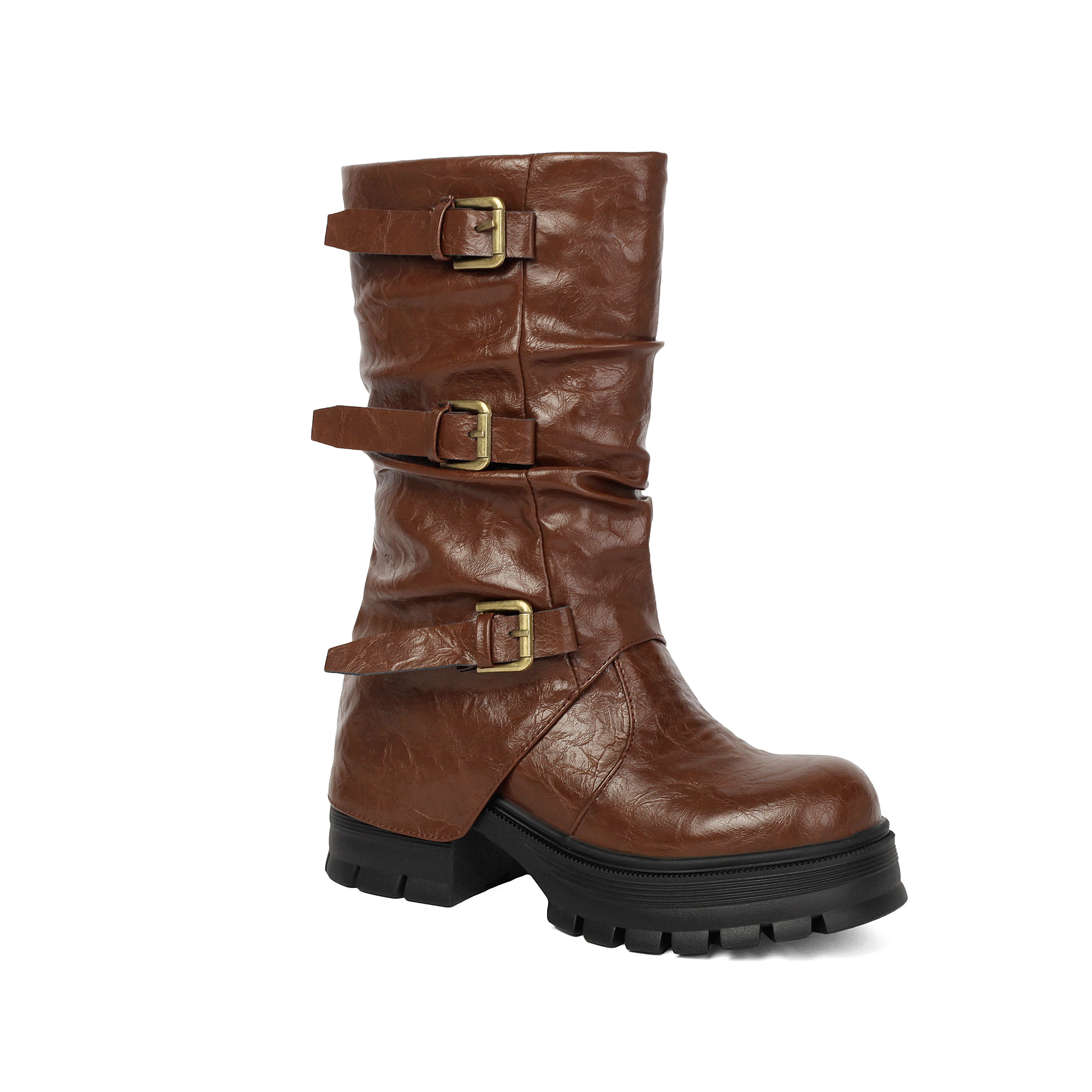 Women's triple buckle boots – side view showing chunky block heel and lug sole platform profile