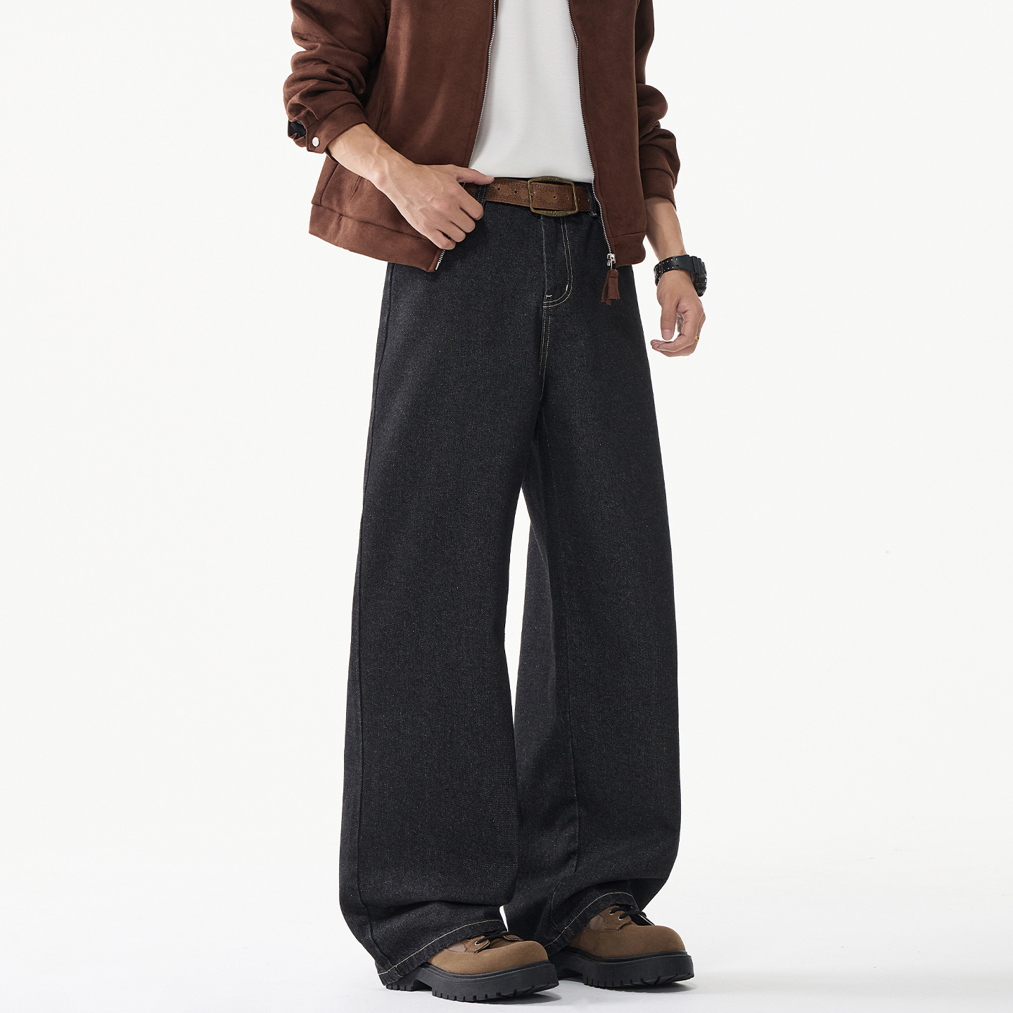 Color Contrast Topstitching Original Denim Retro Jeans Men Autumn Ethnic Style Embroidery Fashion