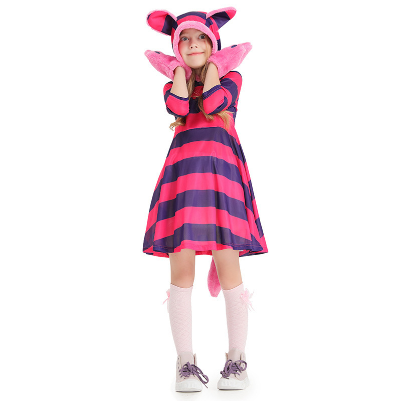 Cute Cat Paw Printed Dress for Kids - Purple Striped Smiling Cat Design, Children's Performance