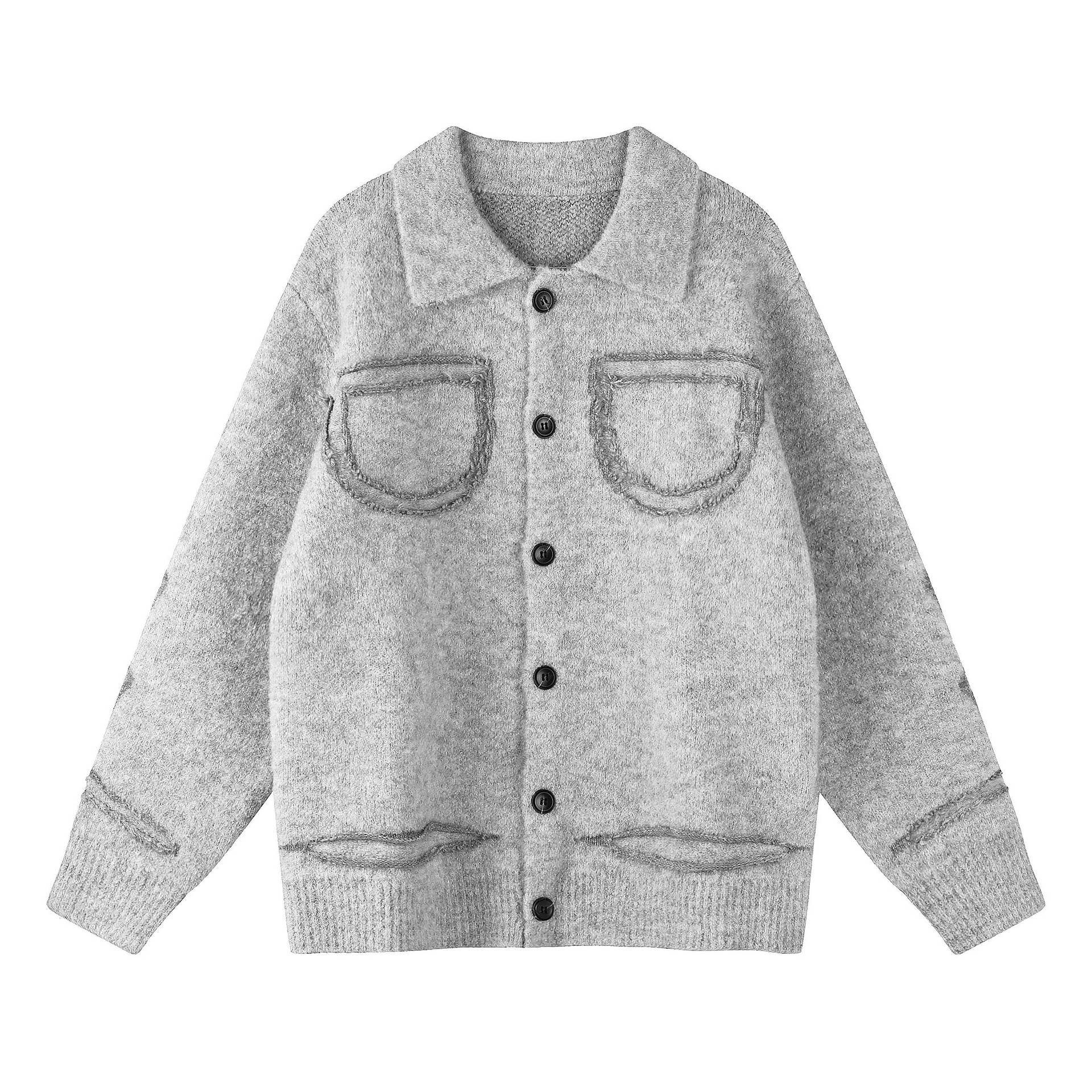 Distressed Patchwork Knit Cardigan Unisex Loose Turn-Down Collar Sweater Coat