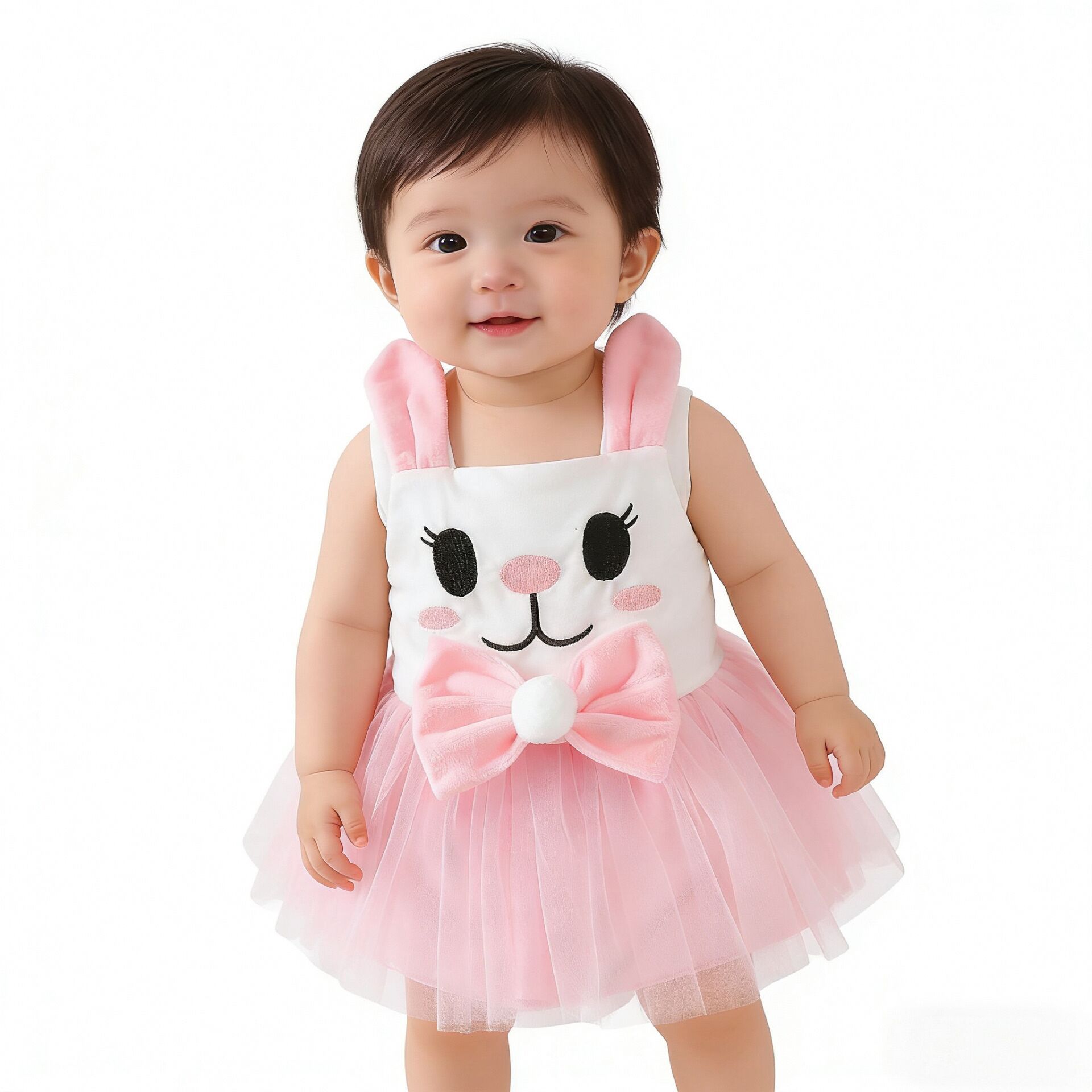 Cute Rabbit Design Mesh Princess Dress for Baby Girls, Summer Outfit, Pink Lace Romper Dress for