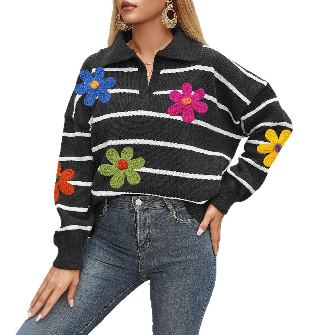 Sweater Top Women's Striped 3D Knit Embroidered Flower Patchwork Polo Neck Sweater