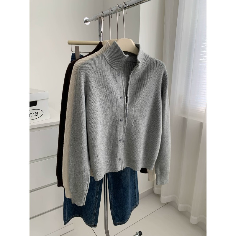 Preppy Style High Neck Double Zip Knit Cardigan Women Solid Color Design Sweater Coat