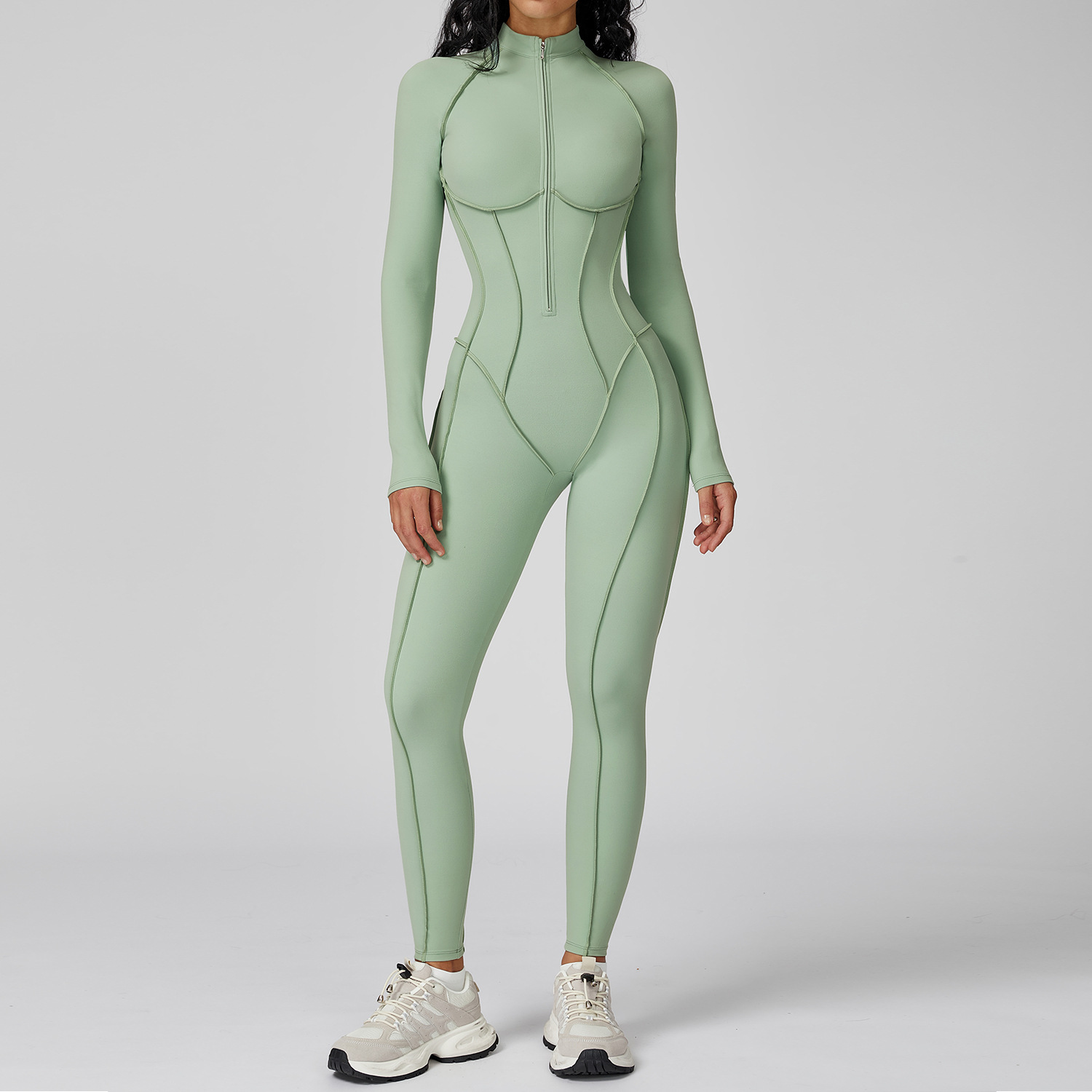 Fashion Color-Blocking Stand Collar One-Piece Suit Half-Zipper Integrated Fitness Wear Women High-Intensity Workout Yoga Clothes