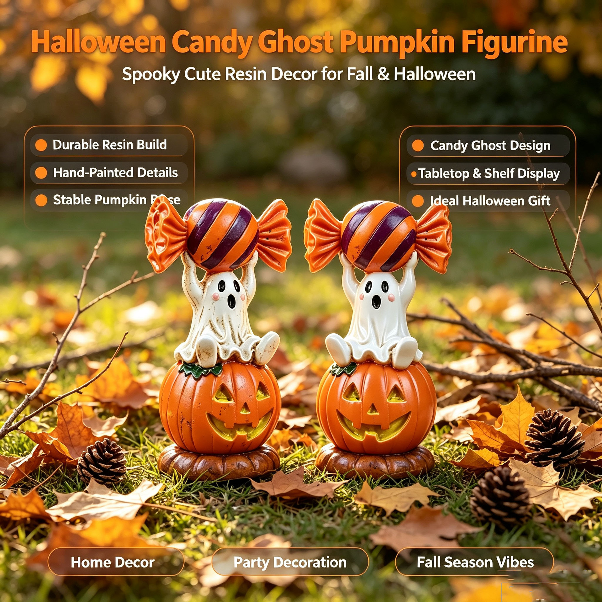 Halloween Candy Ghost Pumpkin Resin Figurine Autumn Atmosphere Desk Statue Party Decoration