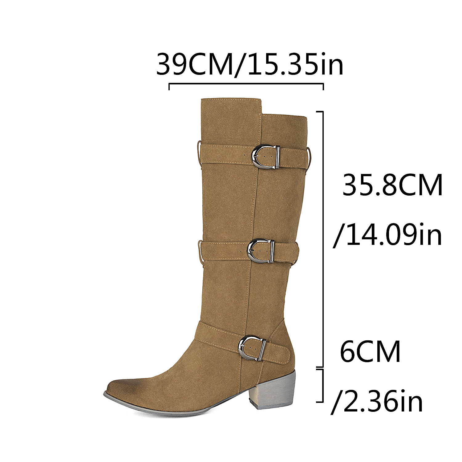 Women's over-the-knee high heel chunky boots – belt buckle faux suede – front view