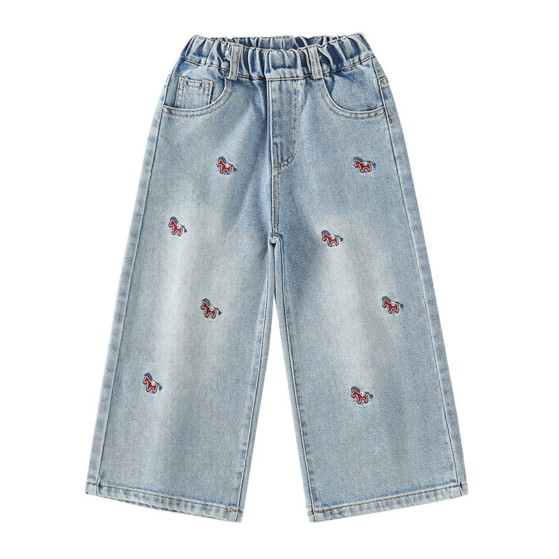 Casual Cartoon Embroidered Denim Pants for Girls