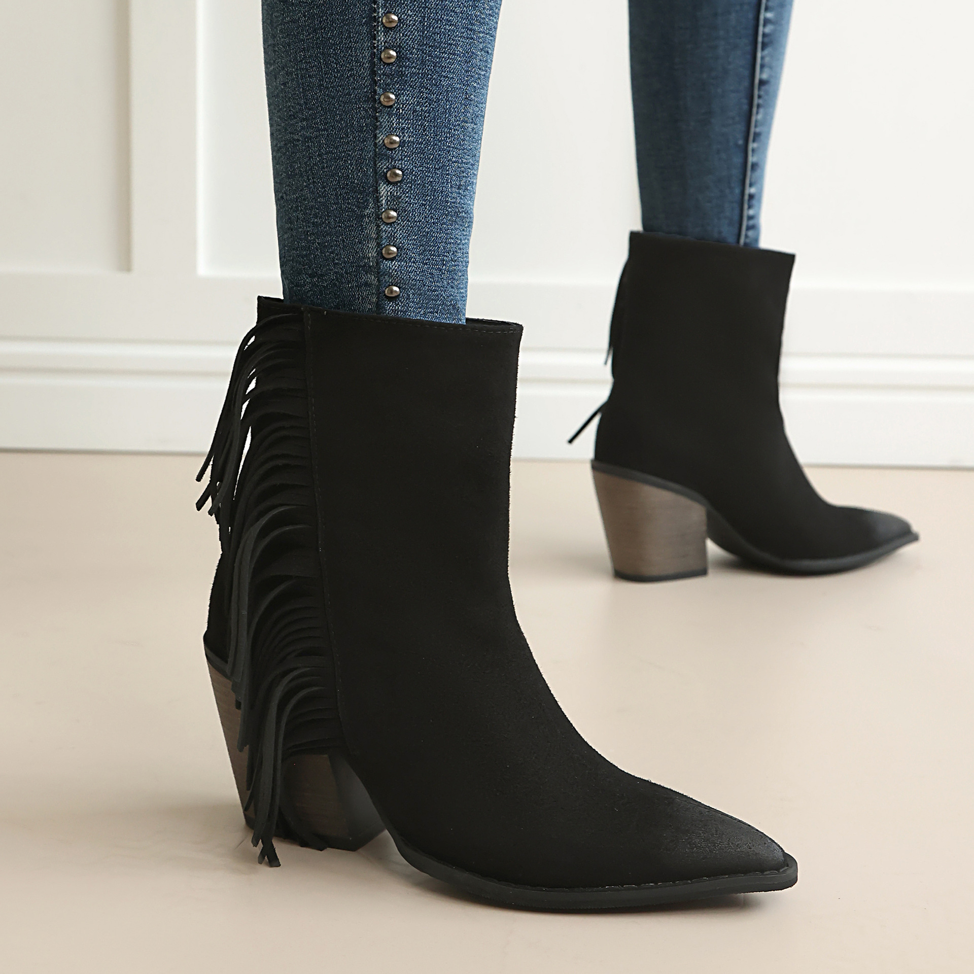 Western Style Ankle Boots for Women, Pointed Toe with Tassel, Chunky High Heel Made to order, ships