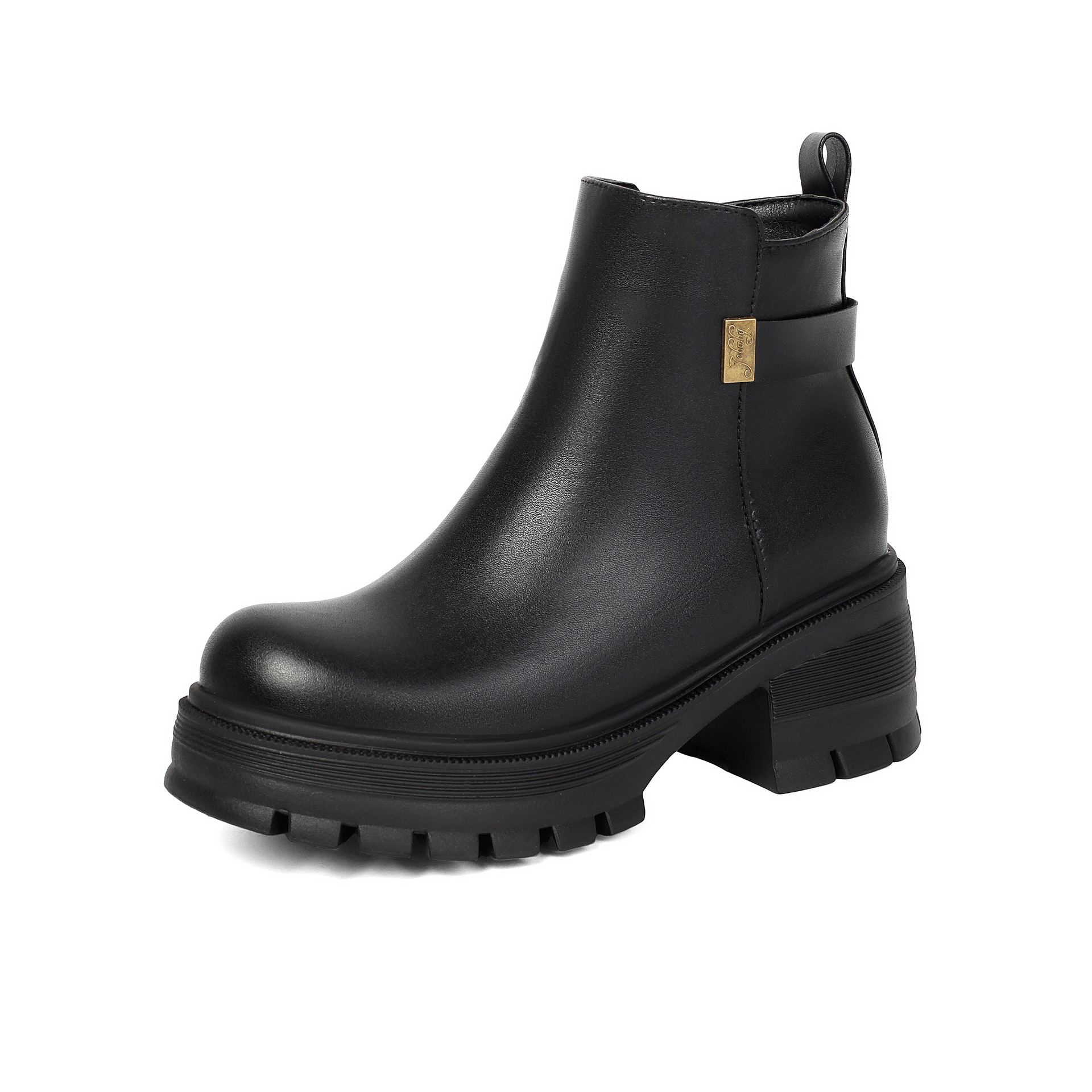 Black faux suede ankle boots – close-up of gold hardware strap and lug sole platform