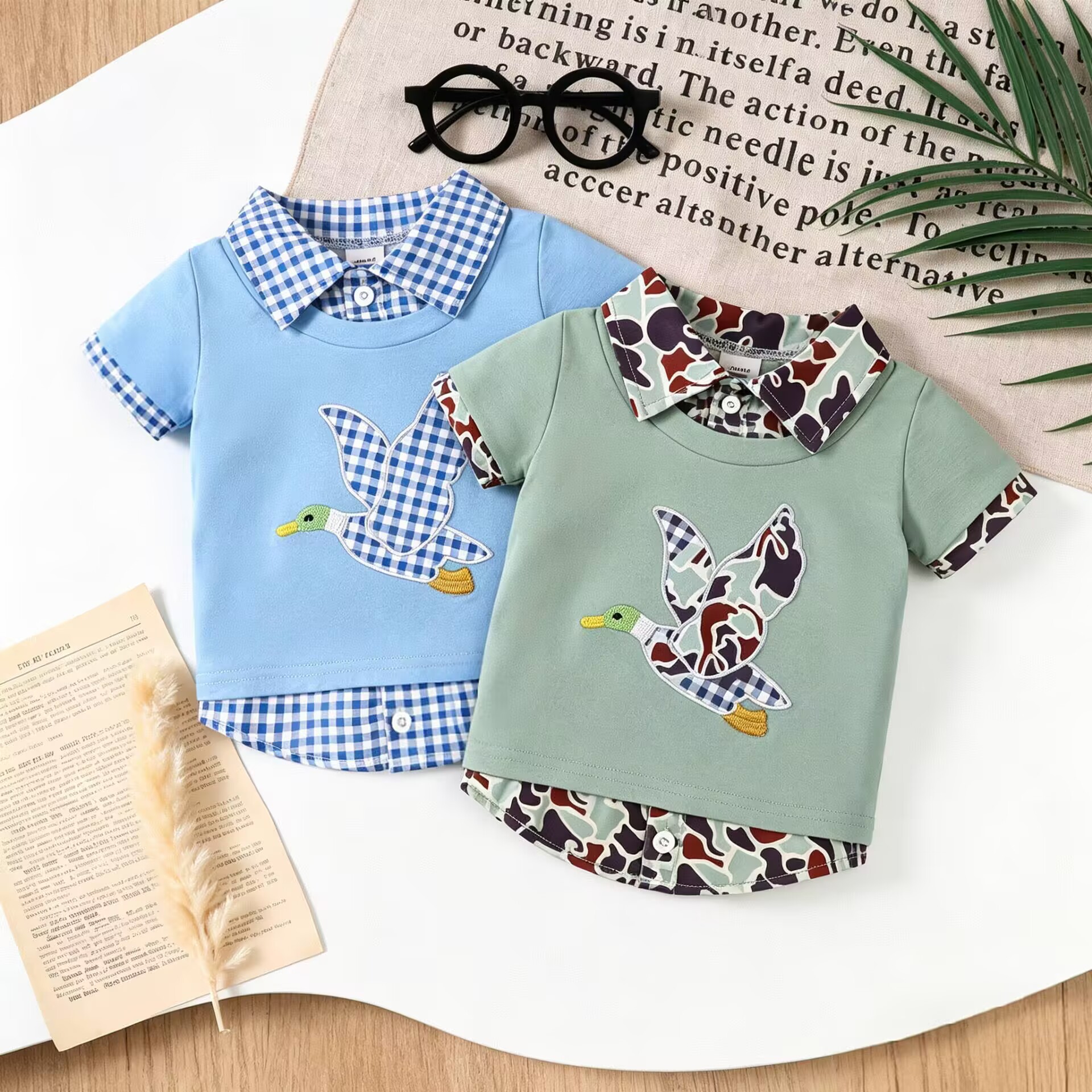 Casual Kids' Short Sleeve Polo Shirt with Duck Embroidery, Turn-Down Collar, Summer Clothing for