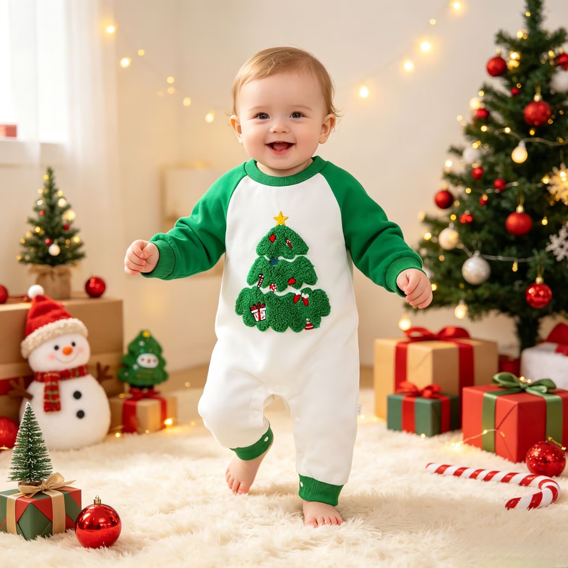 Source Factory Christmas Baby Romper with Christmas Tree Embroidery, Long Sleeve Infant Onesie