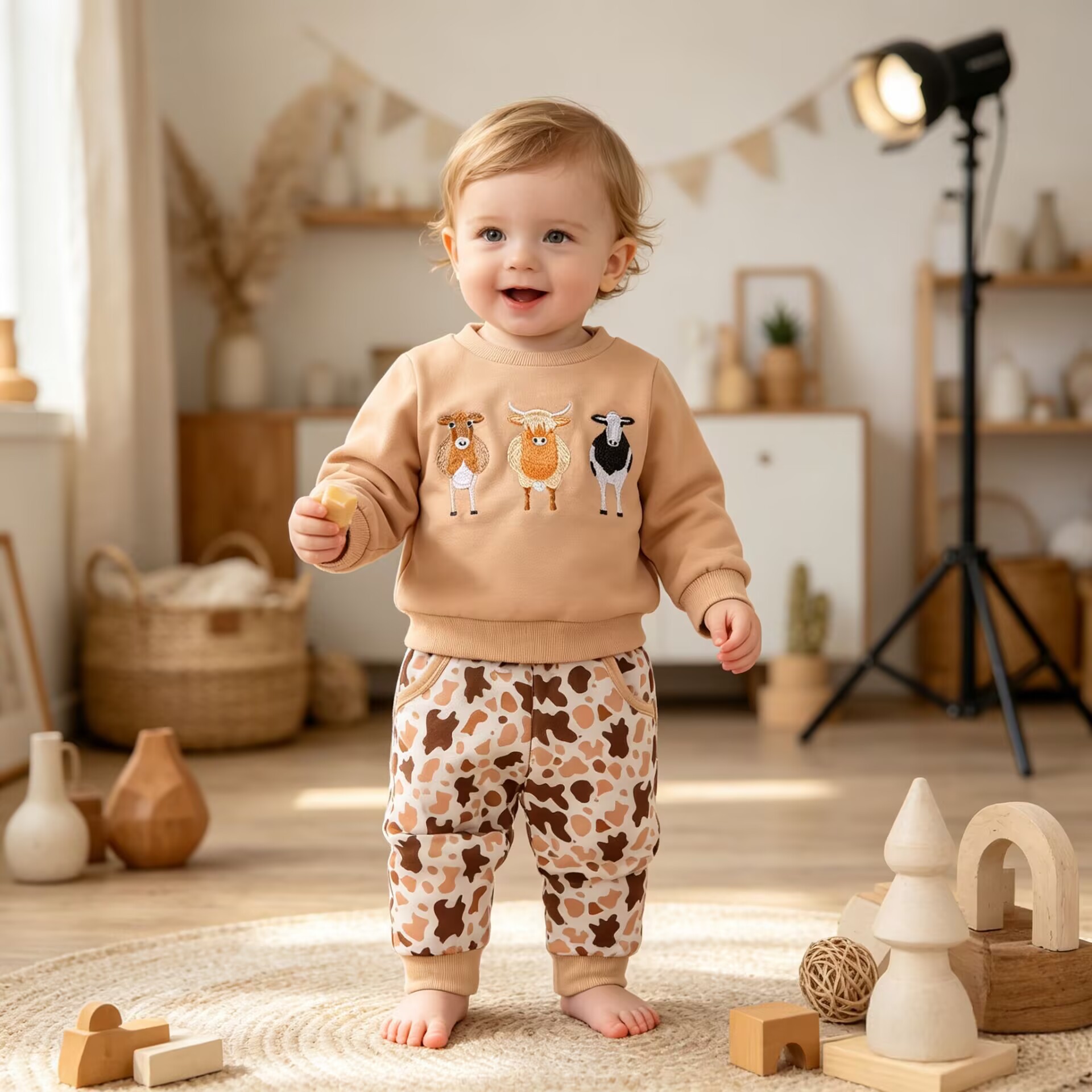 Boy's Set Cow Embroidery Crewneck Hoodie All-Over Print Pants Two-Piece Set Kids Casual Outfit
